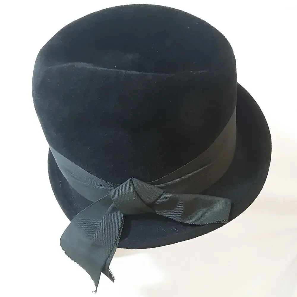💎Le Charme Black Wool Felt Cloche Hat Asymmetrical Brim Large Side Bow